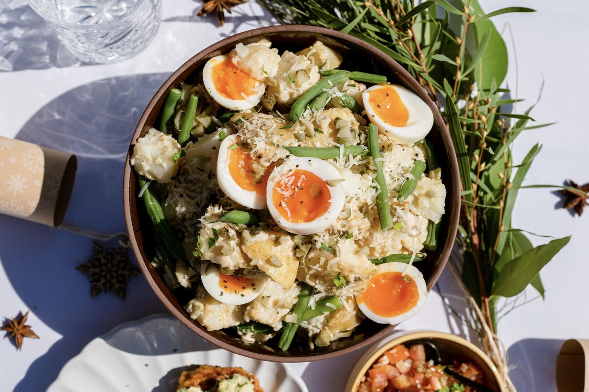 Creamy potato and bean salad with parmesan (serves 6)