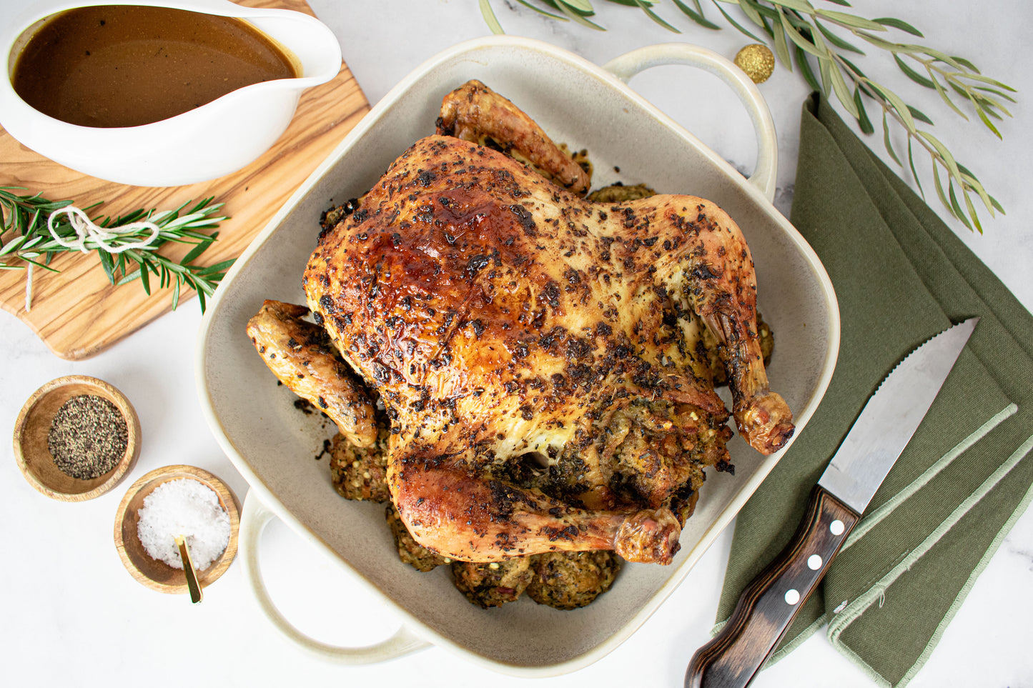 Roasted whole chicken with sage and onion stuffing and homemade gravy (~2kg free-range chicken)